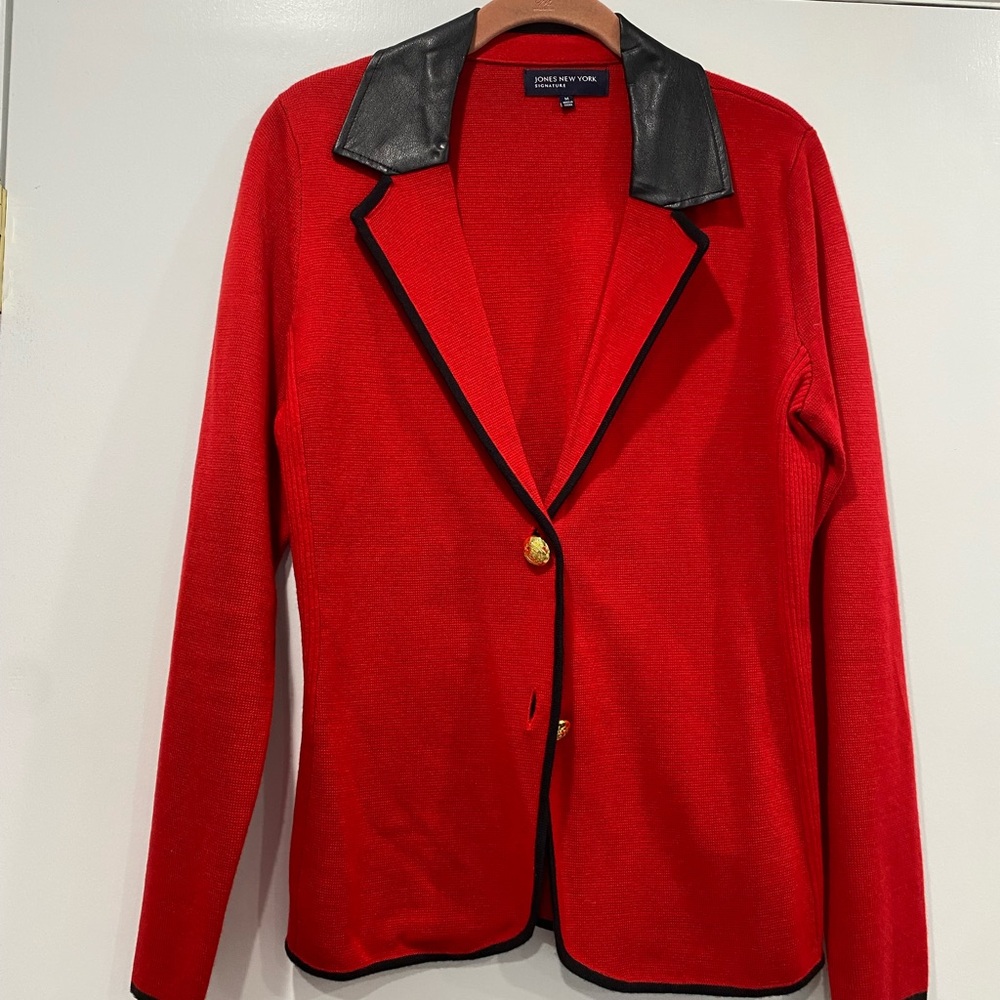 Jones New York Signature red knit blazer with black leather trim.